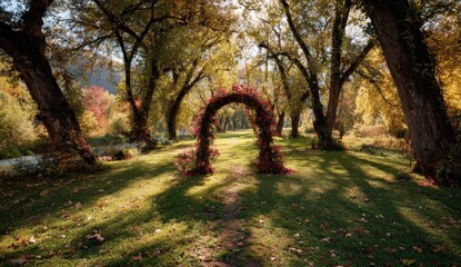 Lush autumn landscape with a floral arch, trees, and sunlight on a green field