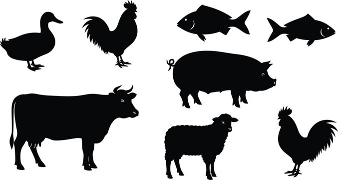 Collection of Animal Silhouettes Including Duck Rooster Fish Cow Pig and Sheep