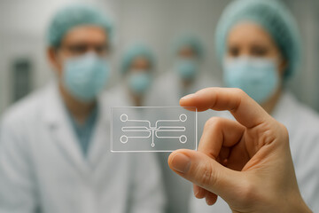 Scientist holding a transparent microfluidic chip for lab-on-a-chip research and advanced biotechnology diagnostic development in a modern professional laboratory environment.