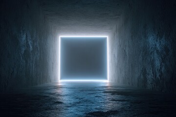 Abstract glowing square portal within a textured, dark, futuristic architectural tunnel