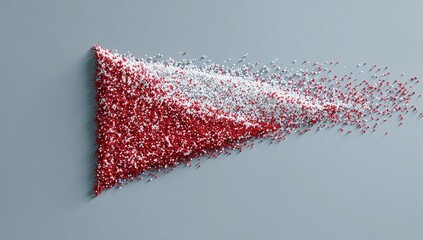 Abstract swarm of red and white particles forming a dynamic triangle shape