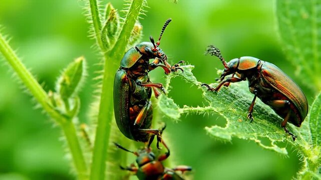 Beetles on green foliage