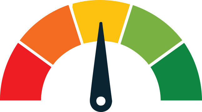 Colorful speedometer gauge with needle pointing to green representing performance or status isolated on white background