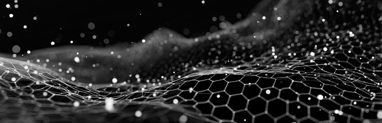 Abstract hexagonal grid with glowing particles, dark background