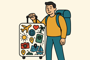 Happy traveler with backpack holding suitcase covered in travel stickers illustration