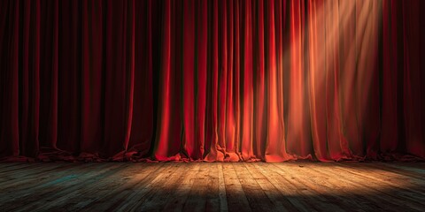 Red stage curtain with spotlight on wood floor
