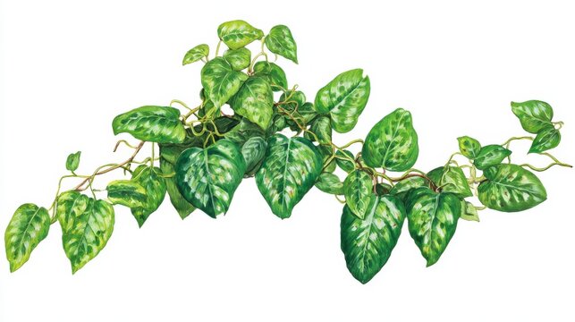 Detailed Watercolor Illustration of a Green Scindapsus Pictus Plant with Silver Markings