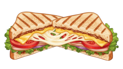 Delicious grilled sandwich with melted cheese and fresh vegetables