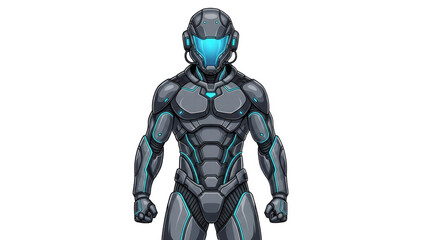 Futuristic robot warrior in sleek gray and blue armor standing strong