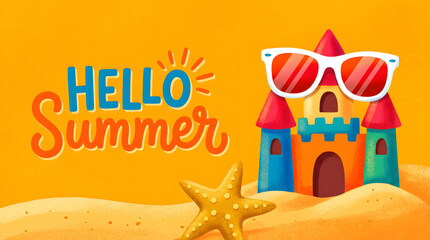  digital illustration featuring a whimsical castle with red and blue towers  The text "Hello Summer" in playful orange and blue fonts. 