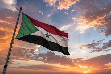Flag of Sudan Waving at Sunset Against Colorful Sky