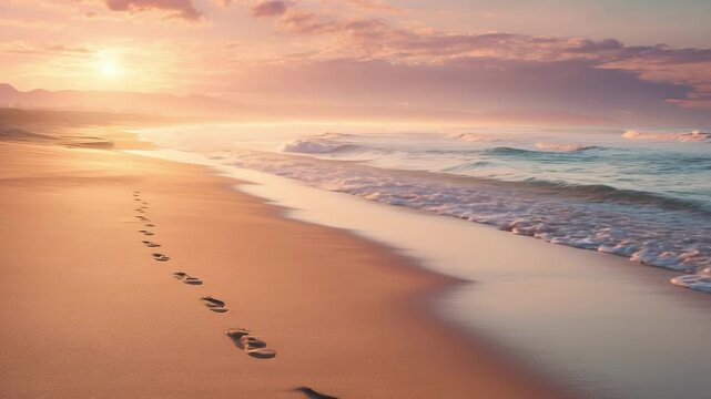 Golden sunrise footprints trail along sandy beach toward ocean waves and mountains, serene dawn landscape with warm pink sky glow