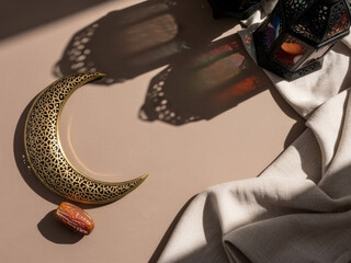 Golden crescent moon with lantern and dates in warm light, Ramadan and Islamic holiday concept, spiritual atmosphere and tradition, ideal for Eid greeting cards, religious events, charity campaigns