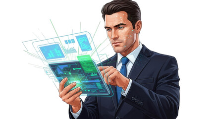 Confident businessman analyzing data on futuristic tablet in office