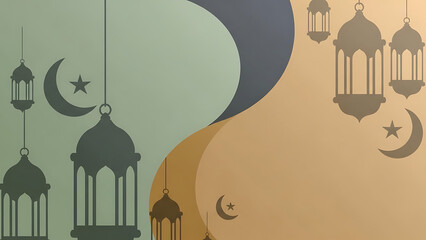 Abstract Islamic background with mosque silhouettes and crescent moon, Ramadan and Eid holiday design concept, elegant minimal style, ideal for greeting cards, social media posts, banners