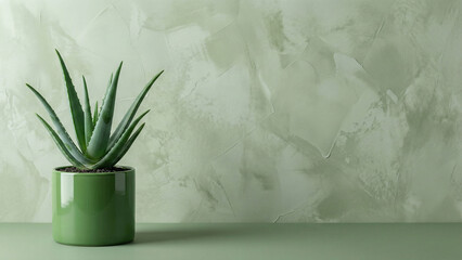 Green plaster wall background with copy space, aloe vera accent, minimalist studio banner 16:9