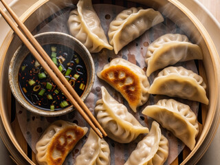 Steamed dumplings served in bamboo basket with dipping sauce, traditional Asian food concept, fresh homemade cuisine and comfort meal, ideal for restaurant menus, food blogs, delivery services