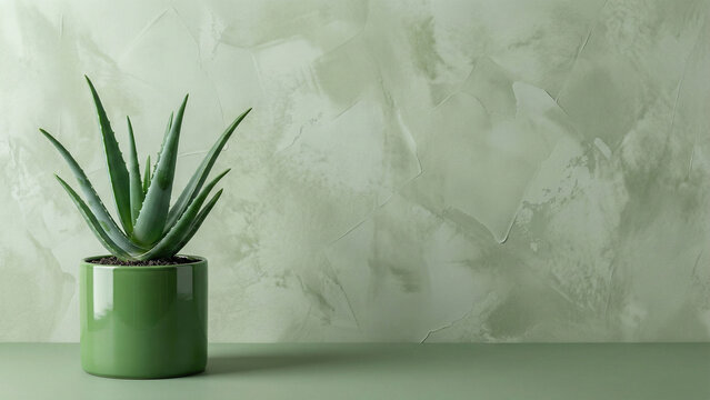Green plaster wall background with copy space, aloe vera accent, minimalist studio banner 16:9
