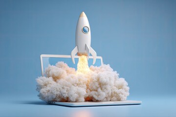 A white rocket launches from a laptop, plumes of smoke forming a cloud below