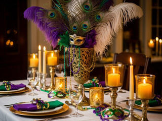 Elegant Mardi Gras masquerade dinner table with candles, masks and feathers, carnival celebration concept, festive luxury atmosphere, ideal for event promotion, party invitations, hospitality