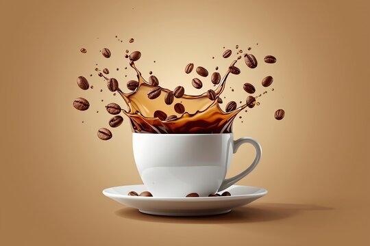 Fresh roasted coffee beans explosion and a white cup of hot espresso with steam on wooden table.