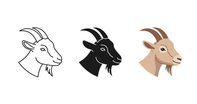Vector illustrations of goat head in outline, silhouette, and color variations