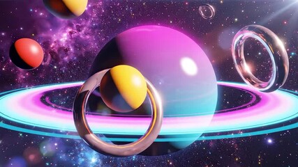 Glossy neon planet with glowing orbital ring drifting through surreal cosmic dreamscape of abstract shapes and colorful starlight - Powered by Adobe