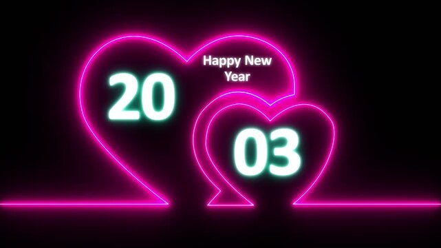 Neon line valentines day animated card with hearts love. Neon glowing Two love hearts. Valentine's Day indicate. Love One line drawing concept, valentines love heart with happy new year 2003