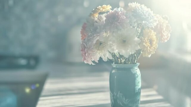 Colorful dahlia bouquet in turquoise vase on kitchen counter, vibrant pink yellow white flowers with soft sunlight glow