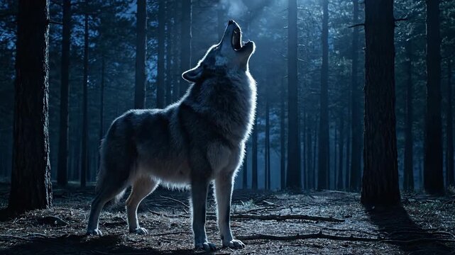 Lone wolf howling in forest