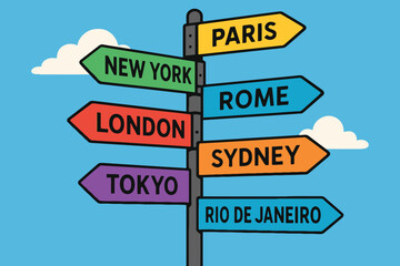 Colorful signpost pointing to major world cities like Paris New York and Tokyo © mdalhazsarkar