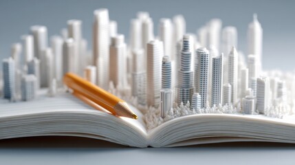 Public Sector Planning Model Displayed in an Open Book With Urban Design Elements and a Pencil for Notes in an Office Setting