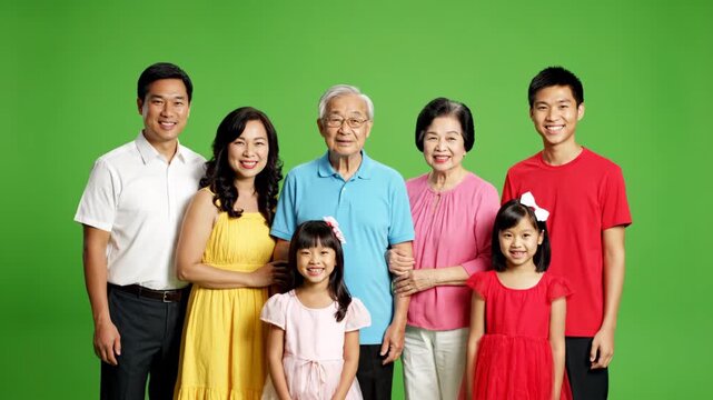 Smiling multi-generational asian family portrait isolated against a bright chroma key green screen.