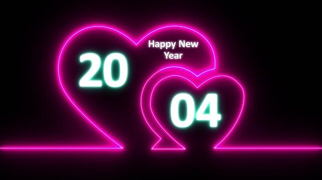 Neon line valentines day animated card with hearts love. Neon glowing Two love hearts. Valentine's Day indicate. Love One line drawing concept, valentines love heart with happy new year 2004