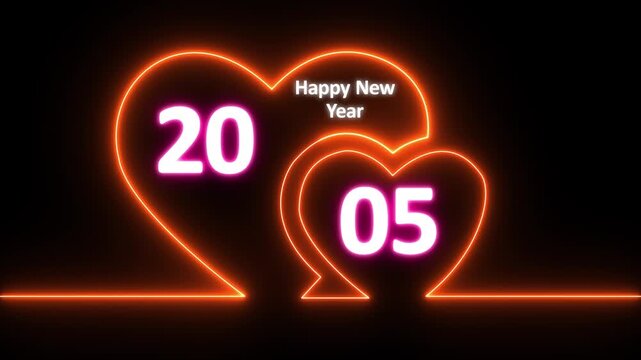 Neon line valentines day animated card with hearts love. Neon glowing Two love hearts. Valentine's Day indicate. Love One line drawing concept, valentines love heart with happy new year 2005