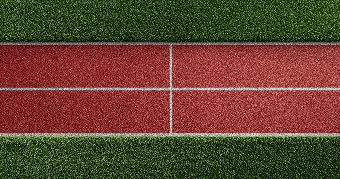 Overhead view of a red running track framed by lush green artificial turf