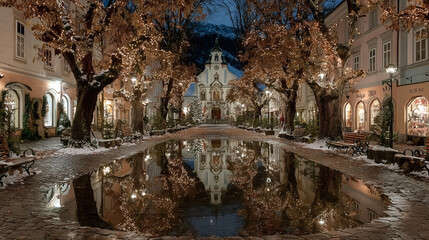 Festive winter town street with fairy lights and church reflected in puddle