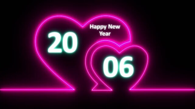 Neon line valentines day animated card with hearts love. Neon glowing Two love hearts. Valentine's Day indicate. Love One line drawing concept, valentines love heart with happy new year 2006