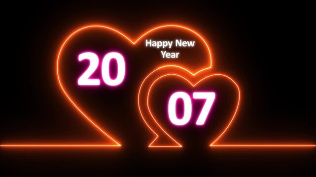 Neon line valentines day animated card with hearts love. Neon glowing Two love hearts. Valentine's Day indicate. Love One line drawing concept, valentines love heart with happy new year 2007