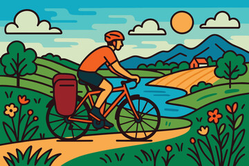 Bicycle tourist cycling through a beautiful rural hilly landscape