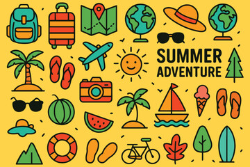 Summer Adventure Icon Set with Beach Travel and Outdoor Activity Symbols