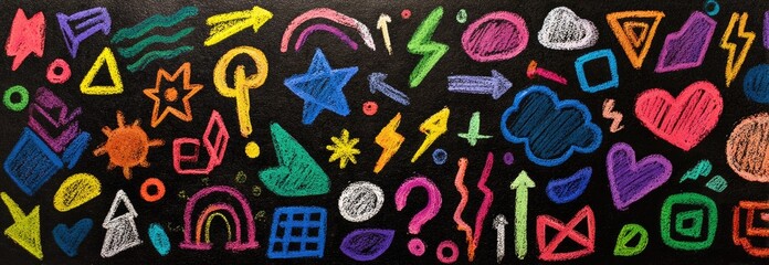 Colorful, abstract chalk-drawn collection on dark background; contains various symbols and shapes