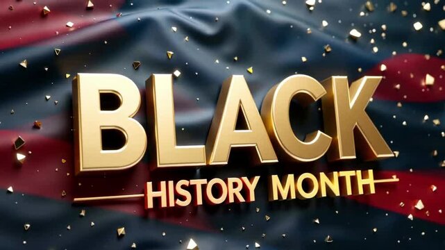 "Black History Month Celebration Loop: 3D Gold Text on Waving Dark Background with Golden Confetti - Premium 4K Animation"