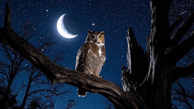 Owl perched on a branch at night