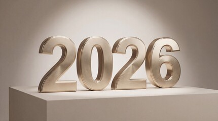 Luminous 2026 3D Gold Numbers on Podium, Spotlighted. Future, Business, New Year Concept