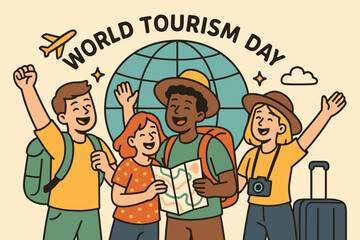 Diverse Group of Travelers Celebrating World Tourism Day with Map and Backpacks