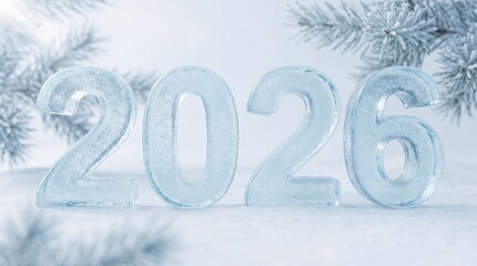 Icy 2026 numbers on pristine snow with frosted fir branches, symbolizing New Year and winter season.
