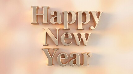 Elegant 3D Gold "Happy New Year" Text with Soft Shadows on Blurred Background