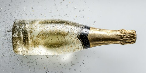 A champagne bottle is depicted, with gold foil and black label, surrounded by sparkling particles
