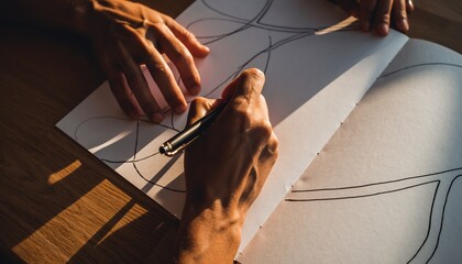 Hands drawing abstract lines on paper